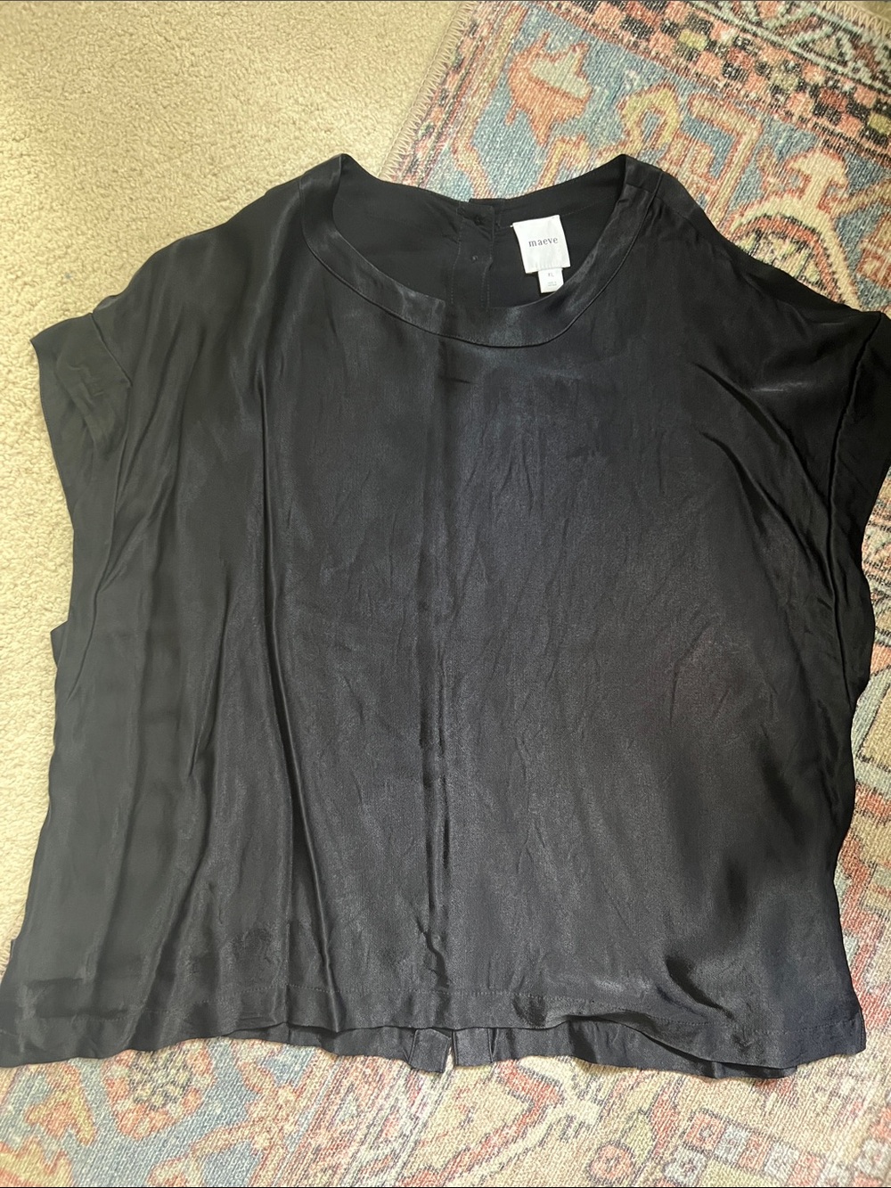 Maeve Black Satin Short Sleeve Boxy Blouse with Button Back